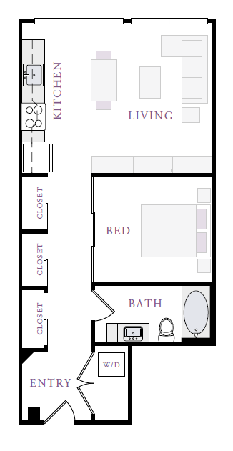 Floor plan for 1 bed, 1 bath, 745 sqft